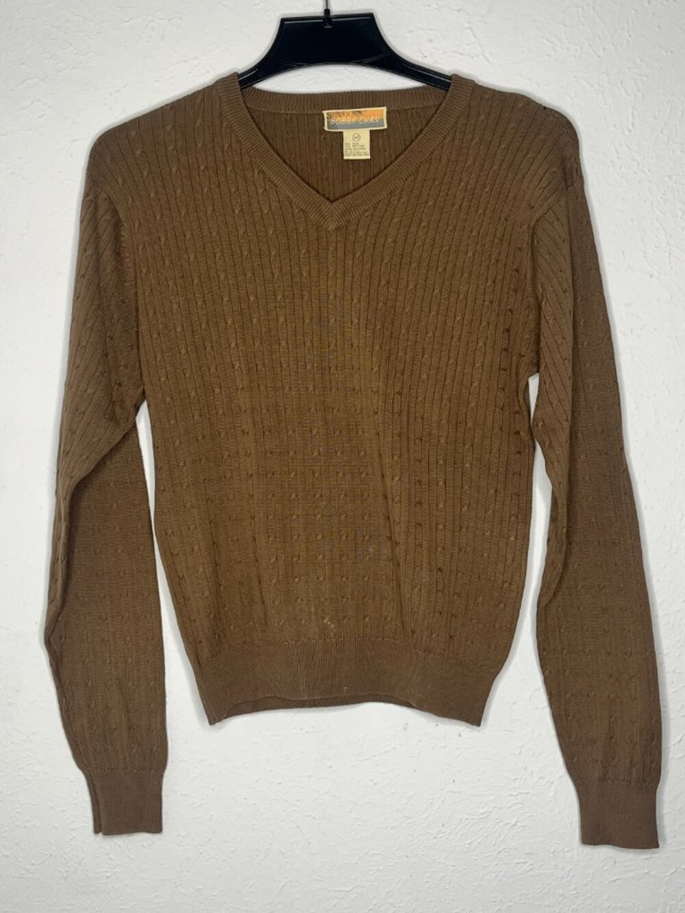 Women's Bobby Chan Brown Cable Knit Sweater Top V-neck Long Sleeve Size Medium